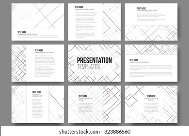 Set of 9 templates for presentation slides. Abstract vector backgrounds. Technical construction with connected lines and dots.