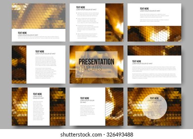 Set of 9 templates for presentation slides. Collection of abstract multicolored backgrounds. Geometrical patterns. Triangular and hexagonal style vector illustration.