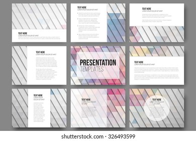 Set of 9 templates for presentation slides. Abstract vibrant backgrounds. Triangle design vectors.