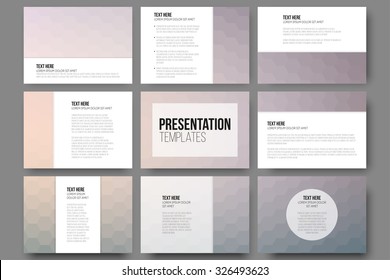 Set of 9 templates for presentation slides. Geometric blurred backgrounds, abstract hexagonal vector patterns.