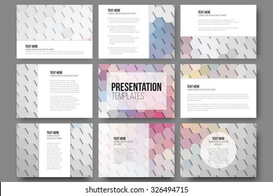 Set of 9 templates for presentation slides. Geometric gray backgrounds, abstract hexagonal vector patterns.