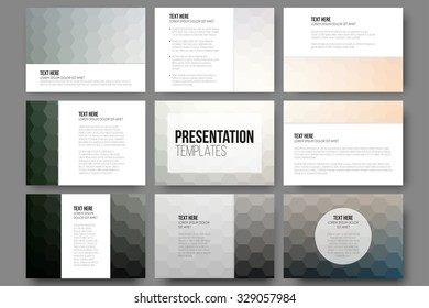 Set of 9 templates for presentation slides. Geometric blurred backgrounds, abstract hexagonal vector patterns.