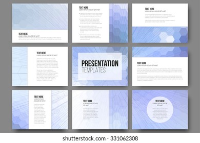 Set of 9 templates for presentation slides. Geometric blue backgrounds, abstract hexagonal vector patterns.