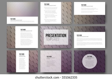 Set of 9 templates for presentation slides. Geometric violet backgrounds, abstract hexagonal vector patterns.