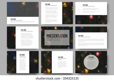 Set of 9 templates for presentation slides. Night lights in the city. Collection of abstract multicolored backgrounds. Natural geometrical patterns. Triangular and hexagonal style vector illustration.