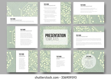 Set of 9 templates for presentation slides. Microchip backgrounds, electrical circuits backdrops. Business patterns, science vector design.