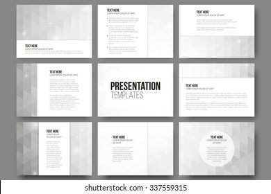 Set of 9 templates for presentation slides. Abstract gray backgrounds. Triangle design vectors.