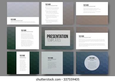 Set of 9 templates for presentation slides. Geometric blurred backgrounds, abstract hexagonal vector patterns.