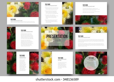 Set of 9 templates for presentation slides. Roses and daffodils. Abstract multicolored backgrounds. Natural geometrical patterns. Triangular, hexagonal style.