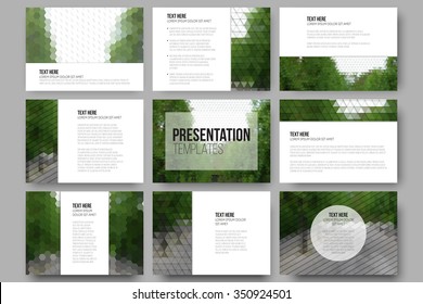 Set of 9 templates for presentation slides. Park landscape. Abstract multicolored backgrounds. Natural geometrical patterns. Triangular and hexagonal style.