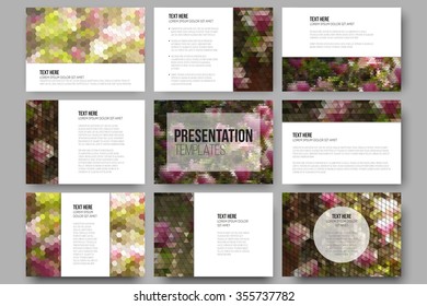 Set of 9 templates for presentation slides. Purple flowers. Abstract multicolored backgrounds. Natural geometrical patterns. Triangular and hexagonal style.