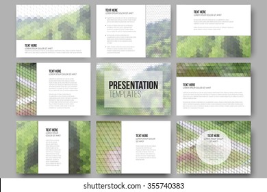 Set of 9 templates for presentation slides. Nature landscape. Abstract multicolored backgrounds. Natural geometrical patterns. Triangular and hexagonal style vector illustration.