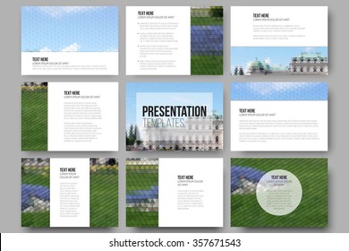 Set of 9 templates for presentation slides. Park landscape. Abstract multicolored backgrounds. Natural geometrical patterns. Triangular and hexagonal style.