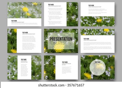 Set of 9 templates for presentation slides. Yellow flowers on the grass. Collection of abstract multicolored backgrounds. Natural geometrical patterns. Triangular and hexagonal style vector.