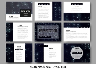 Set of 9 templates for presentation slides. Virtual reality, abstract technology background with blue symbols, vector illustration.