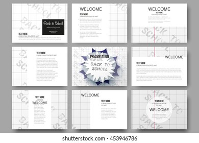 Set of 9 templates for presentation slides. Back to school poster with letters made from halftone dots, modern background, greeting card, cartoon explosion in pop-art style on notebook paper, vector.