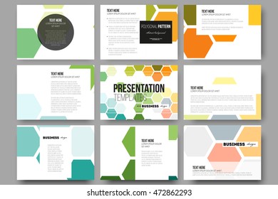 Set of 9 templates for presentation slides. Abstract colorful business background, modern stylish hexagonal vector texture