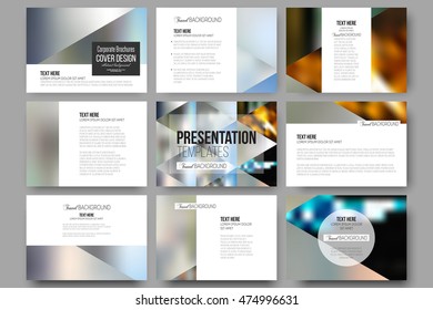 Set of 9 templates for presentation slides. Abstract multicolored background, blurred nature landscapes, geometric vector, triangular style illustration