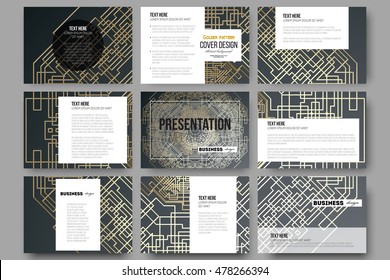 Set of 9 templates for presentation slides. Golden technology pattern on dark background with connecting lines and dots, connection structure. Digital scientific vector