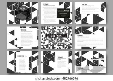 Set of 9 templates for presentation slides. Triangular vector pattern. Abstract black triangles on white background