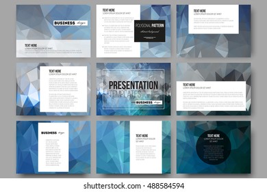 Set of 9 templates for presentation slides. Abstract blue polygonal background, colorful backdrop, modern stylish vector texture.