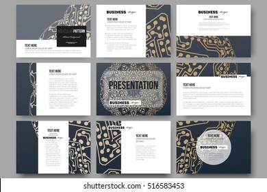 Set of 9 templates for presentation slides. Golden microchip pattern, abstract template with connecting dots and lines, connection structure. Digital scientific vector background