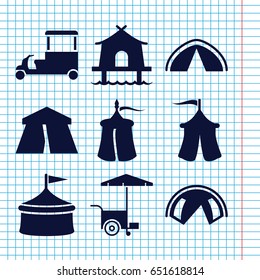 Set of 9 tent filled icons such as tent, fast food cart