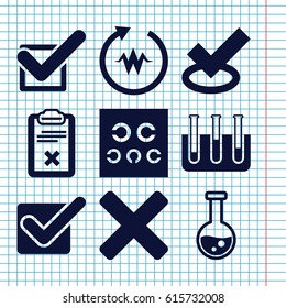 Set of 9 test filled icons such as clipboard, test tube, eye test, tick, cross