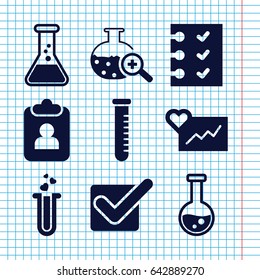 Set of 9 test filled icons such as heart test tube, checklist, tick, clipboard