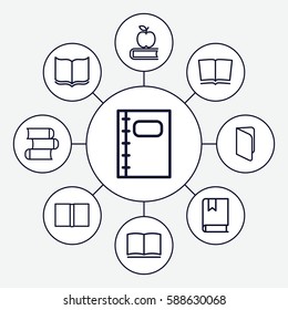 Set of 9 textbook outline icons such as book, notebook