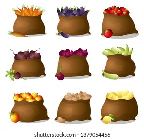 Set of 9 textile bags with fresh eco vegetables and fruits