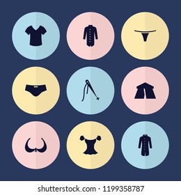 Set of 9 textile filled icons such as tent, bra, blouse, jacket, sewing, shirt, female underwear
