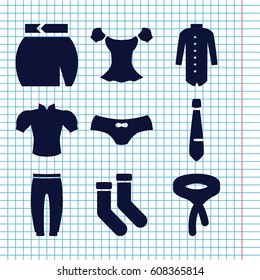 Set of 9 textile filled icons such as socks, female underwear, underpants, blouse, tie, skirt