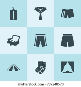 Set of 9 textile filled icons such as dry cleaning, floor cloth, curtain, tent, socks, tie, shorts