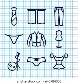 Set of 9 textile outline icons such as needle button, mannequin, female underwear, blouse, pants, jacket, tie