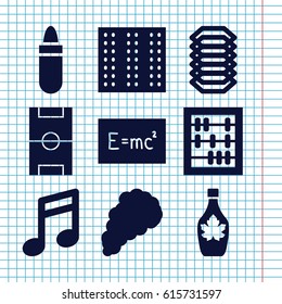 Set of 9 texture filled icons such as field, lipstick, maple syrup, smoke, football pitch, electric circuit, board with formulas, abacus