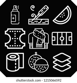 Set of 9 texture outline icons such as circular, scarf, lychee, layers, hockey pitch, toilet paper, leather, spray