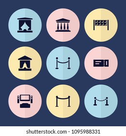 Set of 9 theater filled icons such as fence, ticket, red carpet barrier, tv system, stage