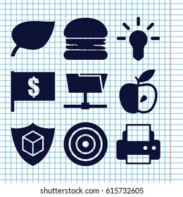 Set of 9 thin filled icons such as printer, apple, cargo insurance, bulb, target, burger, leaf, flag with dollar