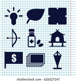 Set of 9 thin filled icons such as photos, clock, medicine bottle, tent, bulb, flag, bow, leaf