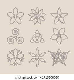 Set of 9 thin line Celtic elven style symbols. Triquetra knot, spiral, floral and abstract outline logo icon - esoteric and organic cosmetics concepts for logotype and branding. Vector illustration