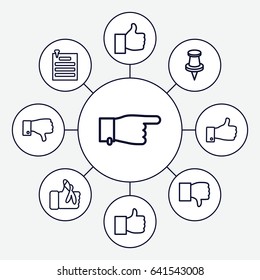 Set of 9 thumb outline icons such as pointing, thumb up, dislike, pin, injured finger, paper pin