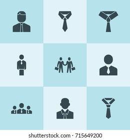 Set of 9 tie filled icons such as businessman, businessmen group, tie