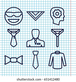 Set of 9 tie outline icons such as sweater, tie, bow tie, cravat, gear in head, businessman