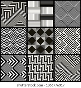 Set of 9 tiles Azulejos in black and white. Original traditional Portuguese and Spain decor. Seamless patchwork tile with geometric design. Ceramic tile in talavera style. Vector