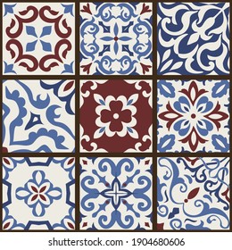 Set of 9 tiles Azulejos in blue, brown, gray. Original traditional Portuguese and Spain decor. Seamless patchwork tile with Victorian motives. Ceramic tile in talavera style. Gaudi mosaic. Vector