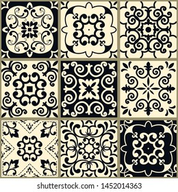 Set of 9 tiles with Islam, Arabic, Indian motifs. Portuguese and Spain decor. Seamless patchwork in turkish style in black and beige. Vector illustration