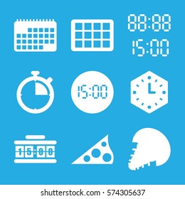 Set of 9 Time filled icons such as wall clock, digital time, sundial, calendar, digital clock, stopwatch, extinct sea creature