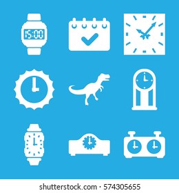 Set of 9 Time filled icons such as wrist watch, wrist dial watch, sundial, calendar, clock, pendulum, dinosaur