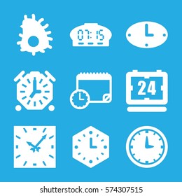 Set of 9 Time filled icons such as wall clock, calendar with clock, clock, digital clock, stopwatch, extinct sea creature